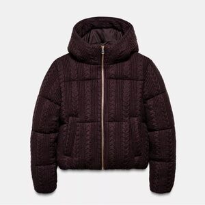 Zara Cable Knit Hooded Anorak Size M in Burgundy